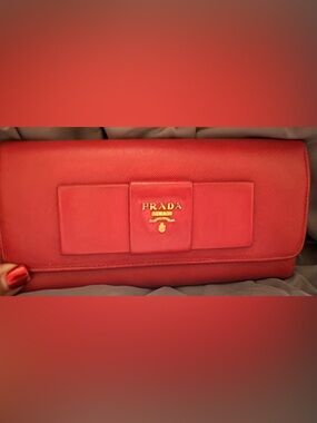 Prada Saffiano Leather Red Wallet with Gold Logo